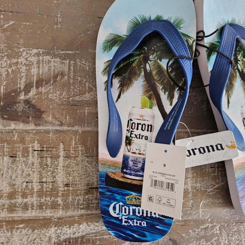 Corona Extra Beach Flip Flops Size 9 Blue Palm Tree Beer  Tropical Island